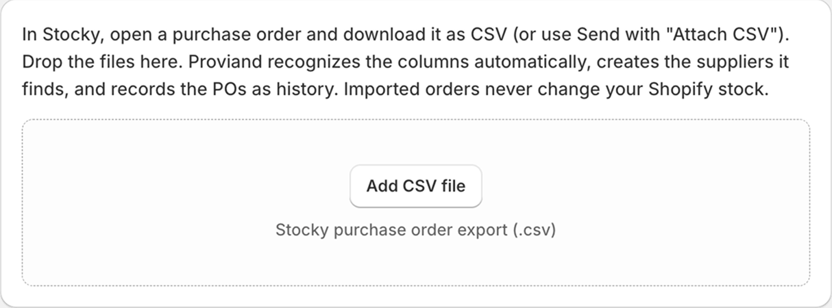 Stocky CSV import drop zone in Proviand